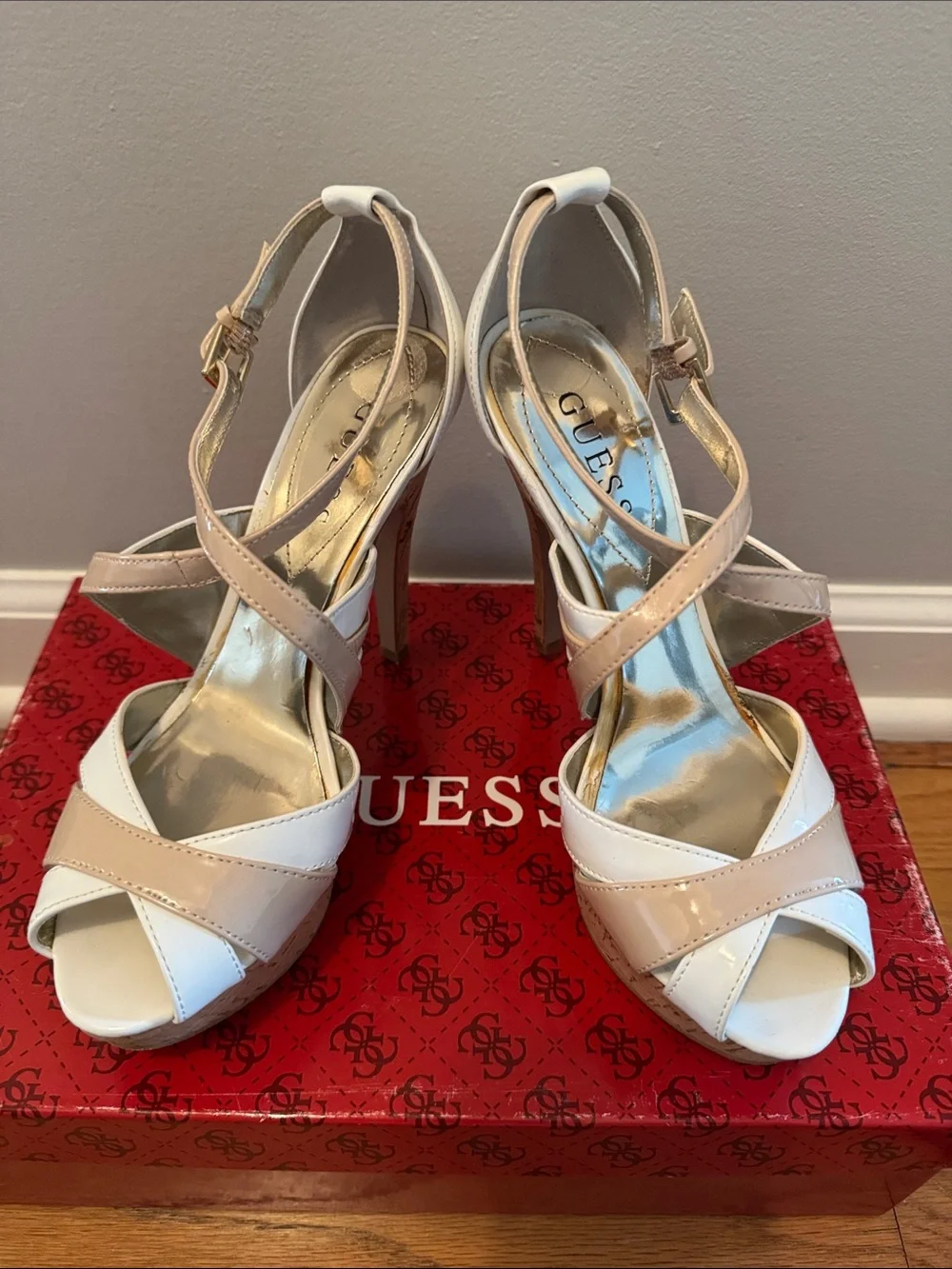 GUESS White and Nude Patent Leather Cross-Strap Platform Stiletto Sandals